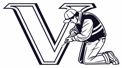 Vector art of man working on letter v isolated on white background, representing construction, repair, and renovation in building and industry