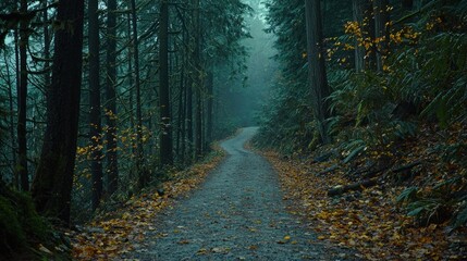 Obraz premium Misty forest path winding through trees