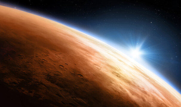 Planet Mars view from outer space. Panoramic view of the planet Mars and the sun. Space background. Elements of this image furnished by NASA. - Powered by Adobe
