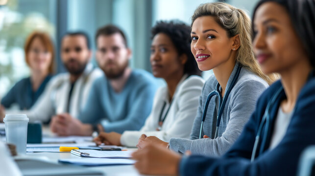 Diverse group of healthcare professionals participating in a collaborative patient care meeting in a modern clinic - Powered by Adobe