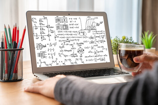 Mathematic equations and modish formula on computer screen showing concept of science and education