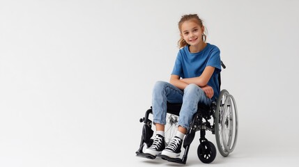 A young girl, 8-10 years old, with a physical disability smiling and sitting in a wheelchair, skinny legs put together, dressed in jeans, a blue t-shirt
