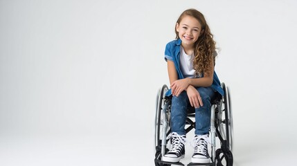 A young girl, 8-10 years old, with a physical disability smiling and sitting in a wheelchair, skinny legs put together, dressed in jeans, a blue t-shirt