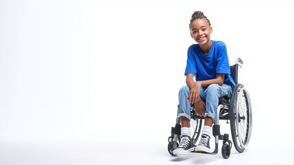 A young girl, 8-10 years old, with a physical disability smiling and sitting in a wheelchair, skinny legs put together, dressed in jeans, a blue t-shirt