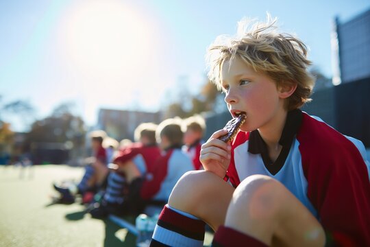 Boy enjoys a granola bar while seated among friends after soccer practice in the afternoon sun