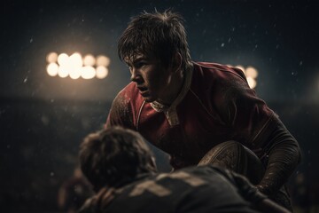 Boy tackles opponent during a competitive rugby match under stadium lights in the evening