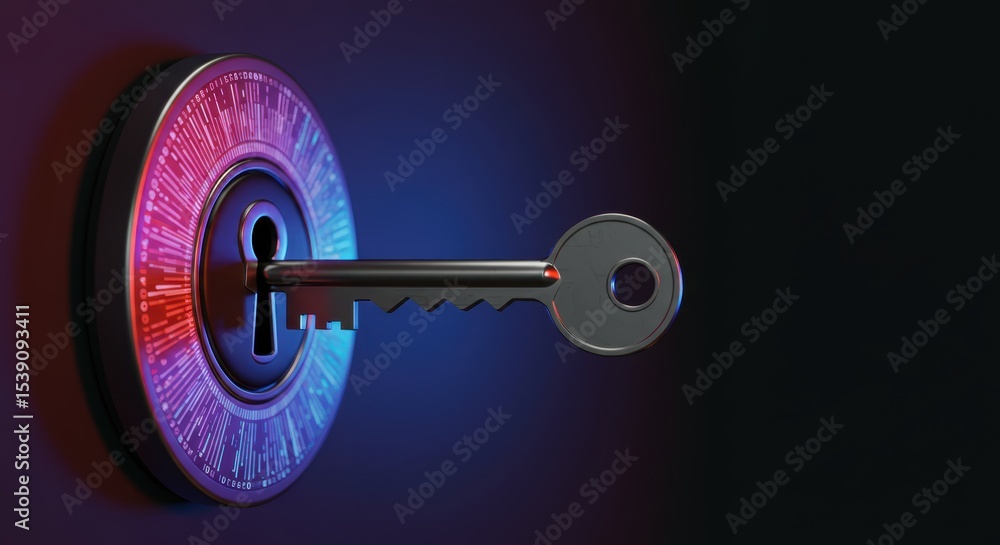 Poster futuristic key unlocking digital security with blue and red glowing circuit design