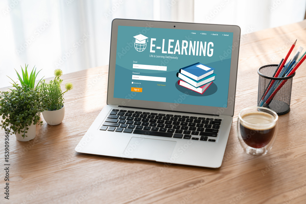 Poster e-learning website with modish sofware for student to study online on the internet network