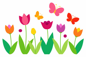Colorful tulips and butterflies spring illustration
