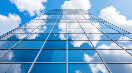 Obraz premium Sky Reflection on Modern Glass Building Facade, Low Angle Composition, Architecture, Urban, Clouds Architecture, Skyscraper