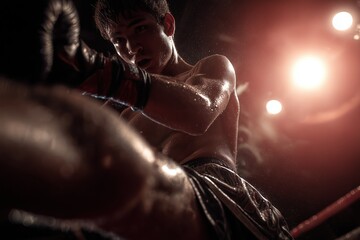 Man executes a powerful roundhouse kick during a competitive martial arts match in the evening