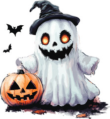 halloween pumpkin with ghost wear witch hat