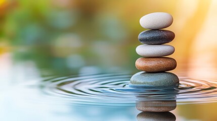 Obraz premium Stacked Stones in Water Zen Garden Composition, Five Smooth Stones, Tranquility Concept, Serenity, Balance Keywords Zen, Mindfulness