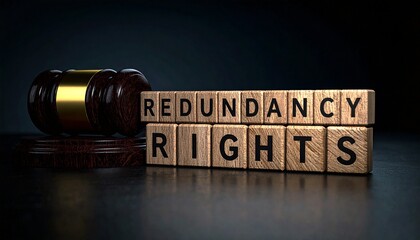 Letter cubes spelling 'Redundancy Rights' placed beside a judge's gavel on a dark background
