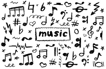 Charcoal scribble vector of handwritten pop music notes and symbols. Grungy doodle style for school designs, posters, and album art. Cute childish music kindergarten black pastel or wax pencil signs
