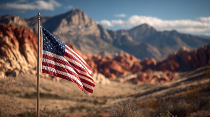 American flag on a flagpole in a desert landscape with red rock formations. stock image, hd quality