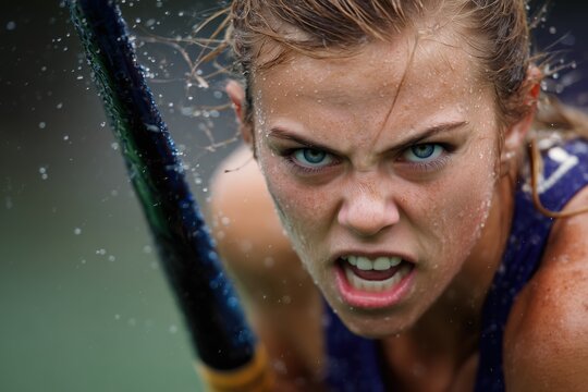 Woman blocks a field hockey shot with fierce determination during a wet match on a rainy day