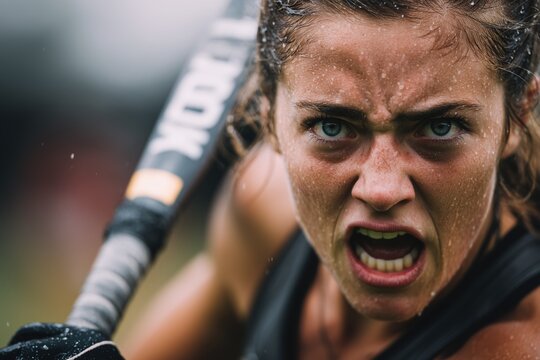 Woman fiercely blocking a field hockey shot on a rainy day during a competitive match - Powered by Adobe