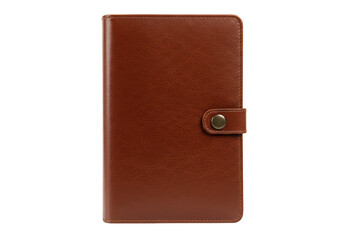 A rich brown leather journal, isolated on transparent background, secured with a simple brass clasp