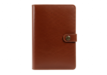 A rich brown leather journal, isolated on transparent background, secured with a simple brass clasp