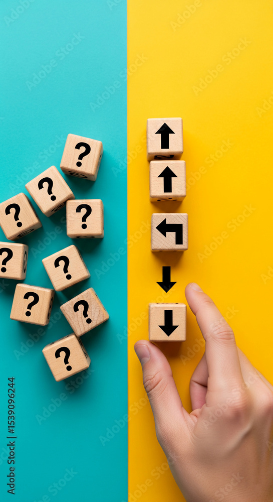 Poster wooden cubes with question marks and directional arrows on teal and yellow background, illustrating 