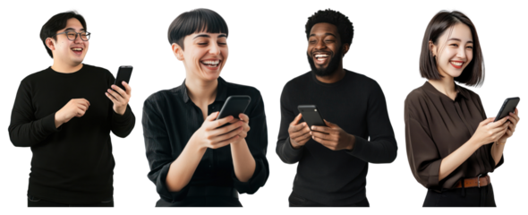 PNG Diverse group enjoying smartphones, element set on transparent background