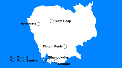 Simple map of Cambodia with important places or places of interest, Cambodia tourist map silhouette, Cambodia simple map with cities.