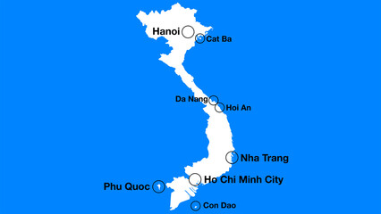 Simple map of Vietnam with important places or places of interest, Vietnam tourist map silhouette, Vietnam simple map with cities and islands.