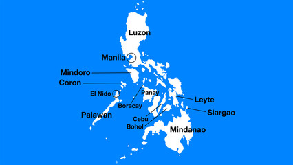 Simple map of the Philippines with important places or places of interest, Philippines tourist map silhouette, Philippines simple map with cities and islands.