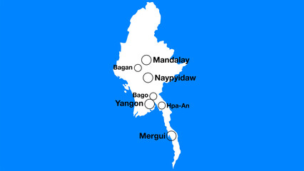 Simple map of Myanmar with important places or places of interest, Myanmar tourist map silhouette, Myanmar simple map with cities.