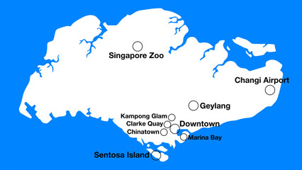 Simple map of Singapore with important places or places of interest, Singapore tourist map silhouette, Singapore simple map with districts.
