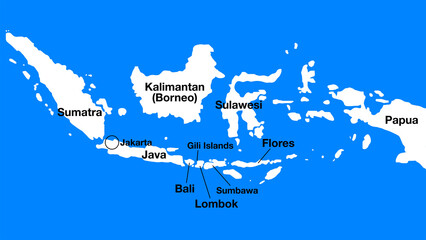 Simple map of Indonesia with important places or places of interest, Indonesia tourist map silhouette, Indonesia simple map with cities and islands.