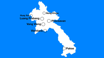Simple map of Laos with important places or places of interest, Laos tourist map silhouette, Laos simple map with cities.