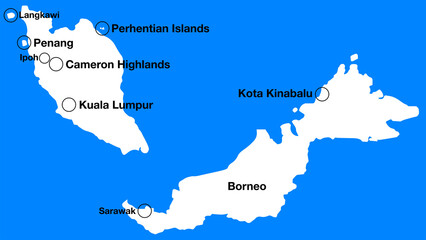 Simple map of Malaysia with important places or places of interest, Malaysia tourist map silhouette, Malaysia simple map with cities and islands.