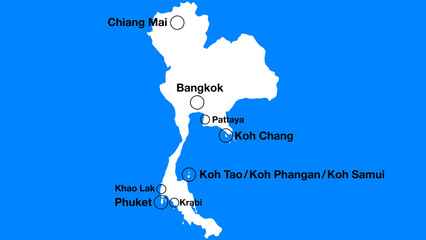 Simple map of Thailand with important places or places of interest, Thailand tourist map silhouette, Thailand simple map with cities and islands.