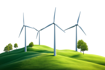 Hilly Windmill Farm Cutout – Green Energy Scene on Transparent Background

