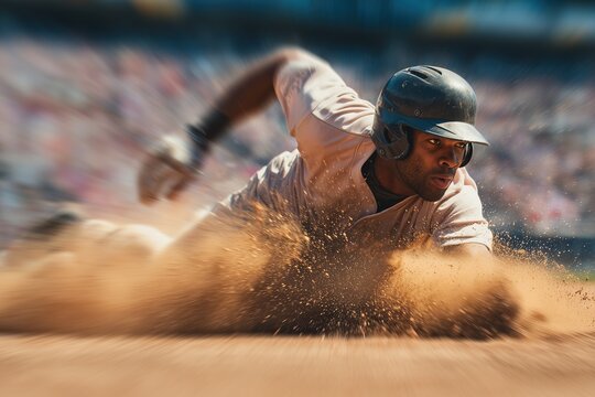 Man slides into first base during an intense baseball game in a stadium under bright afternoon sunlight - Powered by Adobe