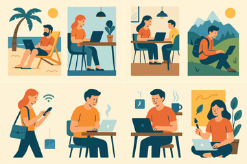 8 Digital Nomad Lifestyle Scenes – Flat Vector Set for Remote Working & Travel Freedom 