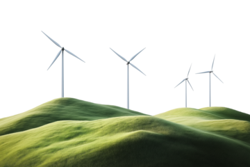 Renewable energy windmills on hilly landscape, isolated on transparent cutout background