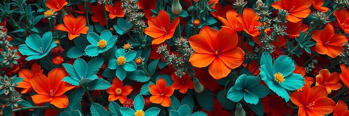 Cinematic web banner of surreal midsummer flowers and plants in vibrant, detailed, lifelike illustration, web banner, web poster