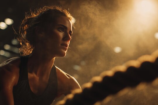 Strong woman performing battle rope exercise in a dimly lit gym environment focusing on fitness and strength training