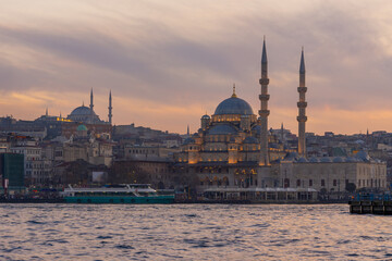 Yeni Mosque on Bosphorus at sunset. Beautiful view of Istanbul
