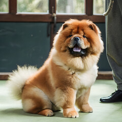 Majestic Chow Chow Dog Sitting Calmly Indoors with Owner Nearby