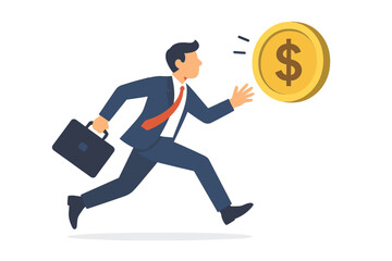 A businessman investor runs to catch the concept of high-performance active mutual funds, rising star s or funds, and hot ETFs, like chasing a high-performance attractive dollar coin