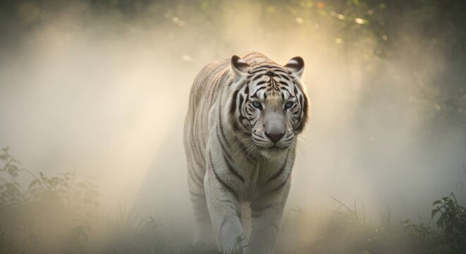 Majestic tiger walking in sunlit forest for international awareness - Powered by Adobe