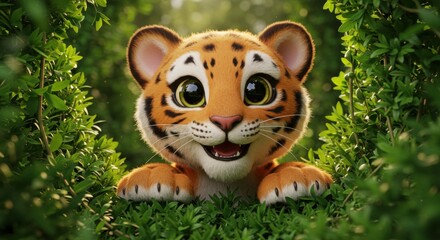 Adorable tiger cub in lush greenery celebrating international tiger day