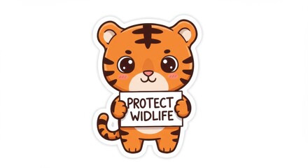 Cute cartoon tiger holding protect wildlife sign for international tiger day awareness