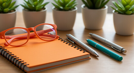 Orange notebook glasses and pens with succulent plants creating a workspace environment