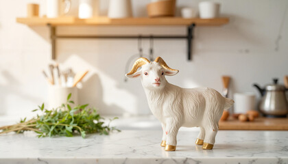 Decorative goat figurine on kitchen counter with herbs and utensils  