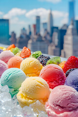 Colorful fruit ice creams on ice cubes, each paired with fresh fruit, placed on a rooftop with a striking city skyline in the background. A fresh, vibrant, and elegant composition.